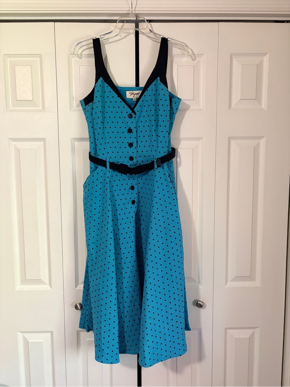 Tatyana Teal Polka Dot Midi Dress with Black Trim